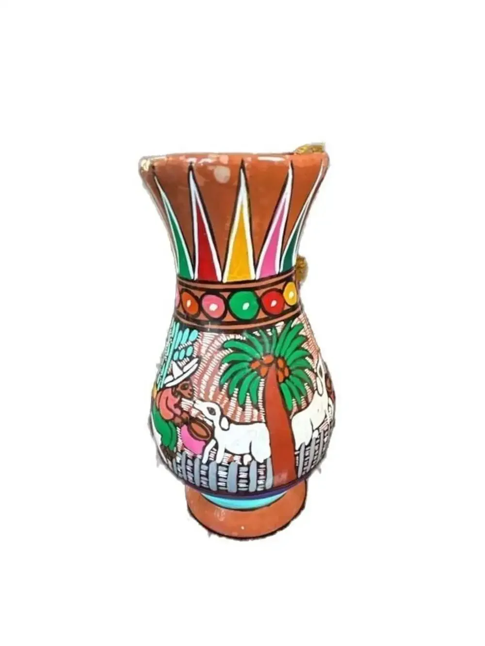 Vintage Hand Painted Mexican Folk Art Terracotta Pottery Storytelling Vase